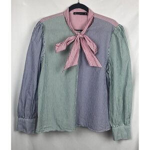 New York & Company Striped Neck Tie Blouse XL Multi-Color Colorblock 100% Cotton